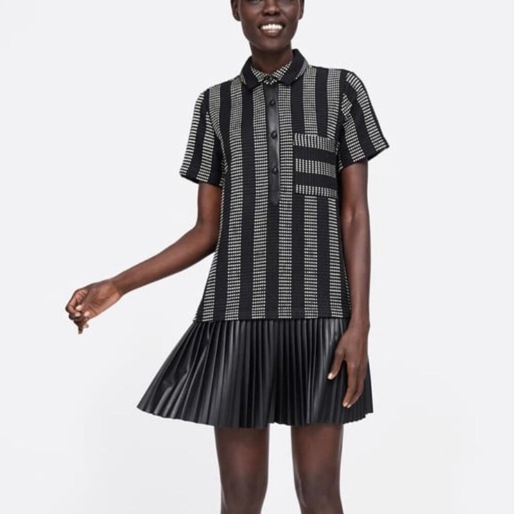 Zara Black and white woven pattern dress with vegan leather accents XS